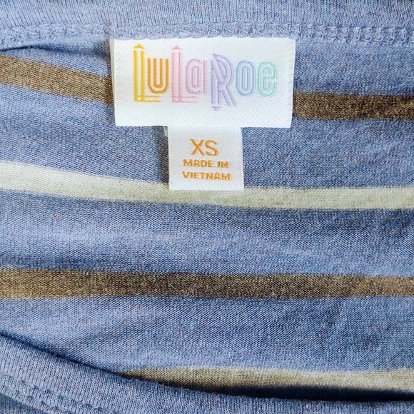EUC LuLaRoe Julia Dress Soft Blue/Brown/White Striped Skirt Rayon/Spandex XS - Picture 8 of 10
